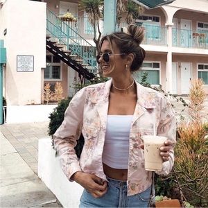 Sanctuary Garden Girl Retro Floral Peach Pink Crop Denim Chambray Jacket S